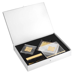 Picture of Lucite Rosh Hashana Gift Box Set Diamond Shape Honey Dish and Simanim Cards Gold
